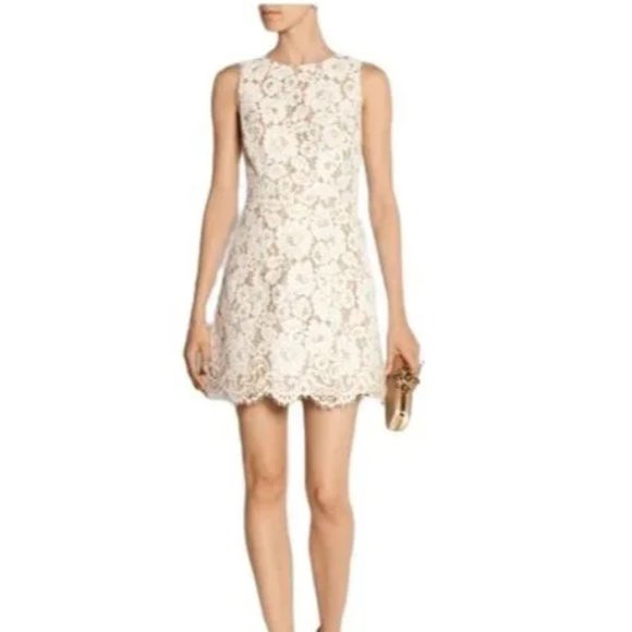Revolve Brand Alice & Olivia White Lace Overlay Leann Fit & Flare Dress - Picture 1 of 4